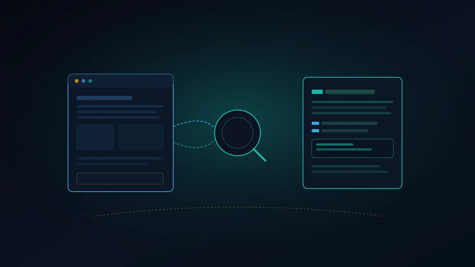 Editorial illustration: a browser-window glyph and a markdown-document glyph connected by a luminous teal flow arc, with a small magnifying-glass accent, on a midnight navy background.
