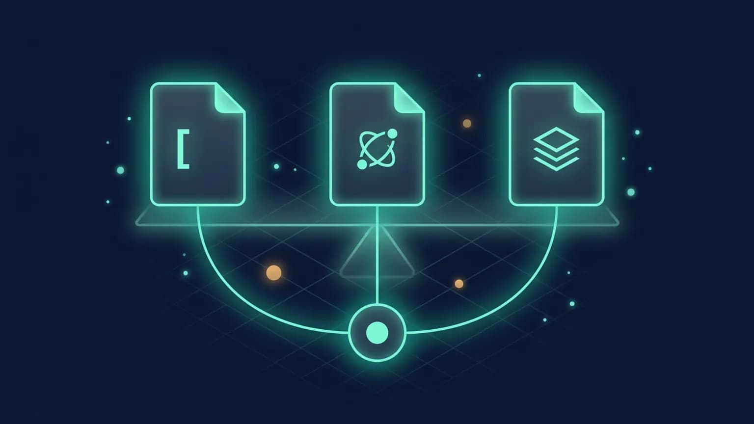Editorial illustration: three glowing instruction scrolls on a midnight navy background, one luminous teal, one warm amber, one deep violet, each feeding into a single converging beam of light toward a small bright agent core, suggesting three formats composing into one context.