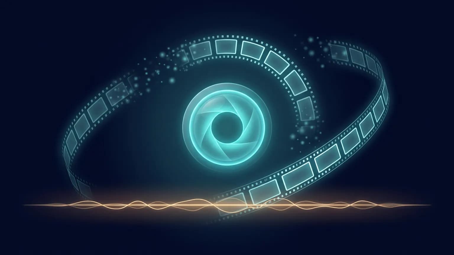 Editorial illustration: a luminous cyan-teal circular lens glyph glowing at the center, an arcing filmstrip of small rectangular frame-glyphs where most dissolve into soft light and a few remain crisp and evenly spaced, with a thin warm-amber waveform ribbon beneath, on a deep midnight-navy backdrop.