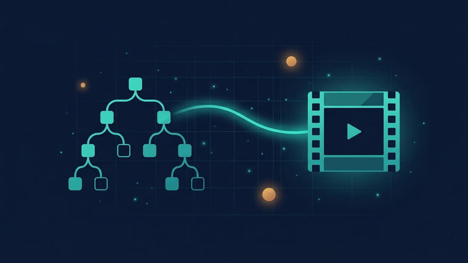 Editorial illustration: a React component tree on the left flowing into a rendered film strip on the right, connected by a luminous teal animation arc, on a midnight navy background.