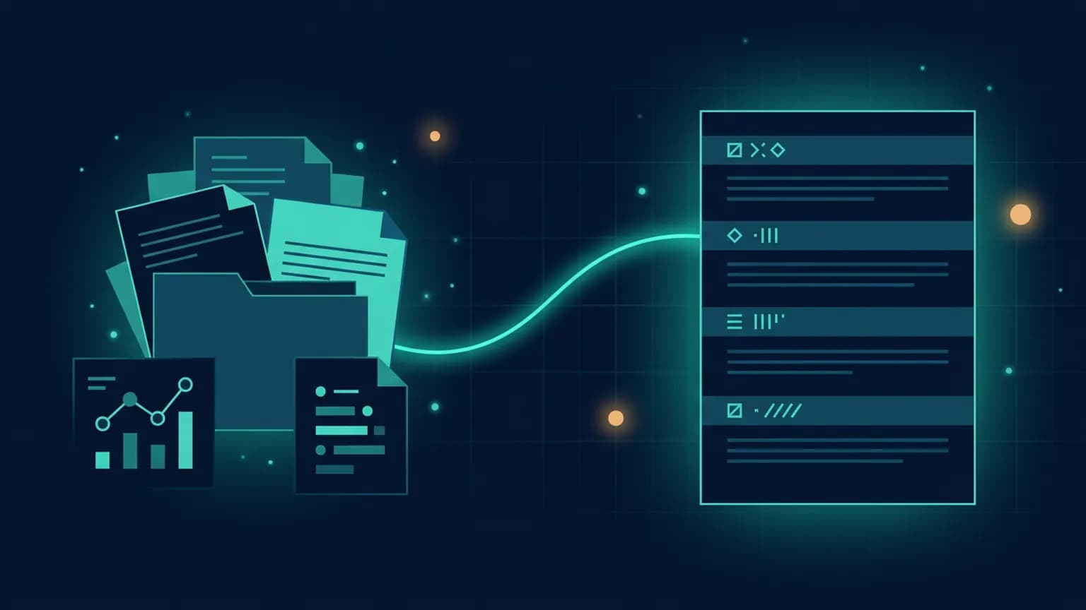 Editorial illustration: a stack of research notes on the left transforming into a structured manuscript page with IMRAD section markers on the right, connected by a luminous teal flow arc, on a midnight navy background.