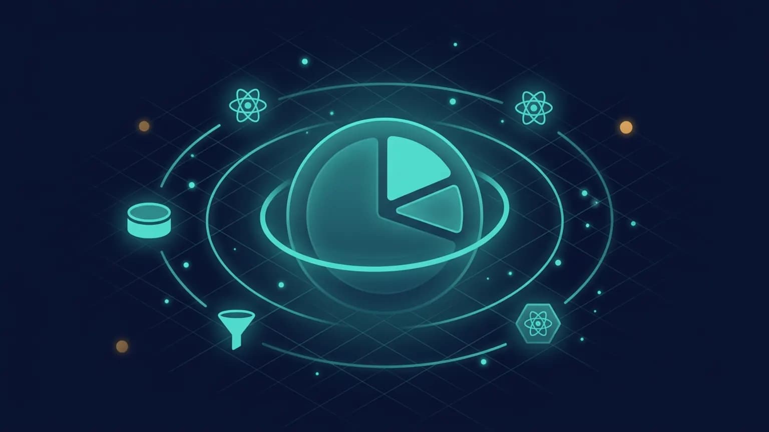 Editorial illustration: a TypeScript store file on the left flowing into a tree of selector-subscribed React components on the right, connected by a luminous teal arc, on a midnight navy background.