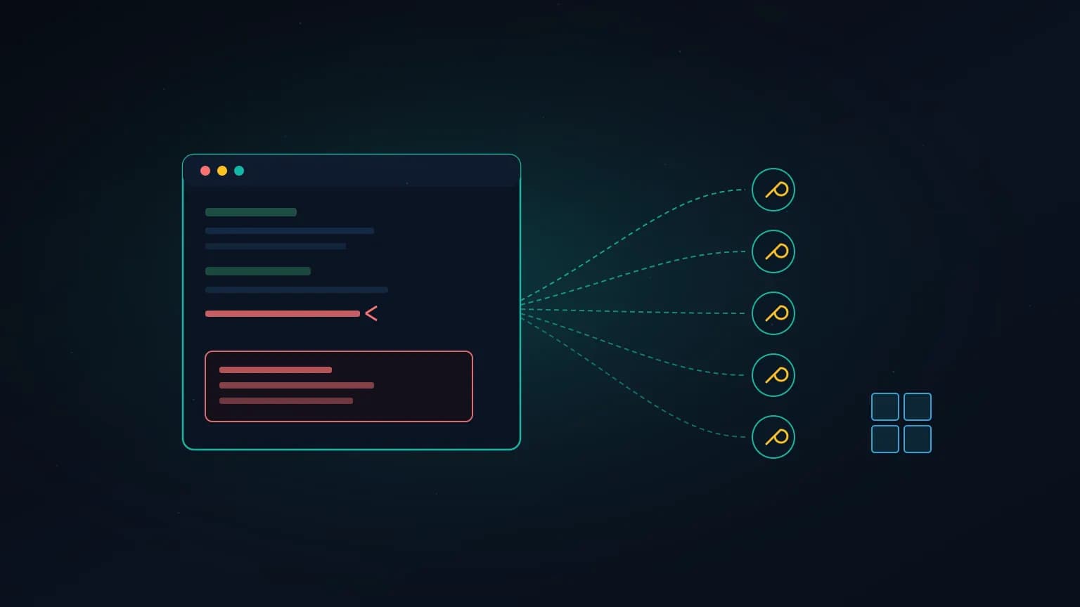 Editorial illustration: a dark terminal window shaped like a TOML document with a broken connector splitting into ten glowing repair paths, each path ending in a small wrench glyph, on a midnight navy background.