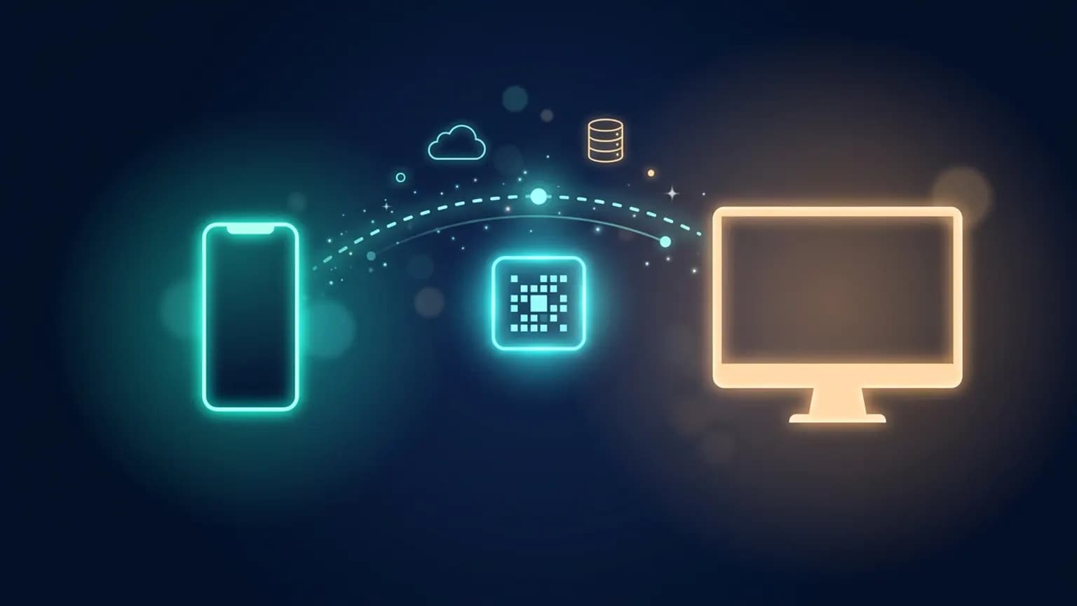 Editorial illustration: a glowing smartphone on the left linked by a luminous dotted arc to a larger desktop monitor on the right, a bright QR-code square pulsing at the midpoint of the connection, small cloud and server glyphs orbiting above on a deep midnight-navy backdrop.