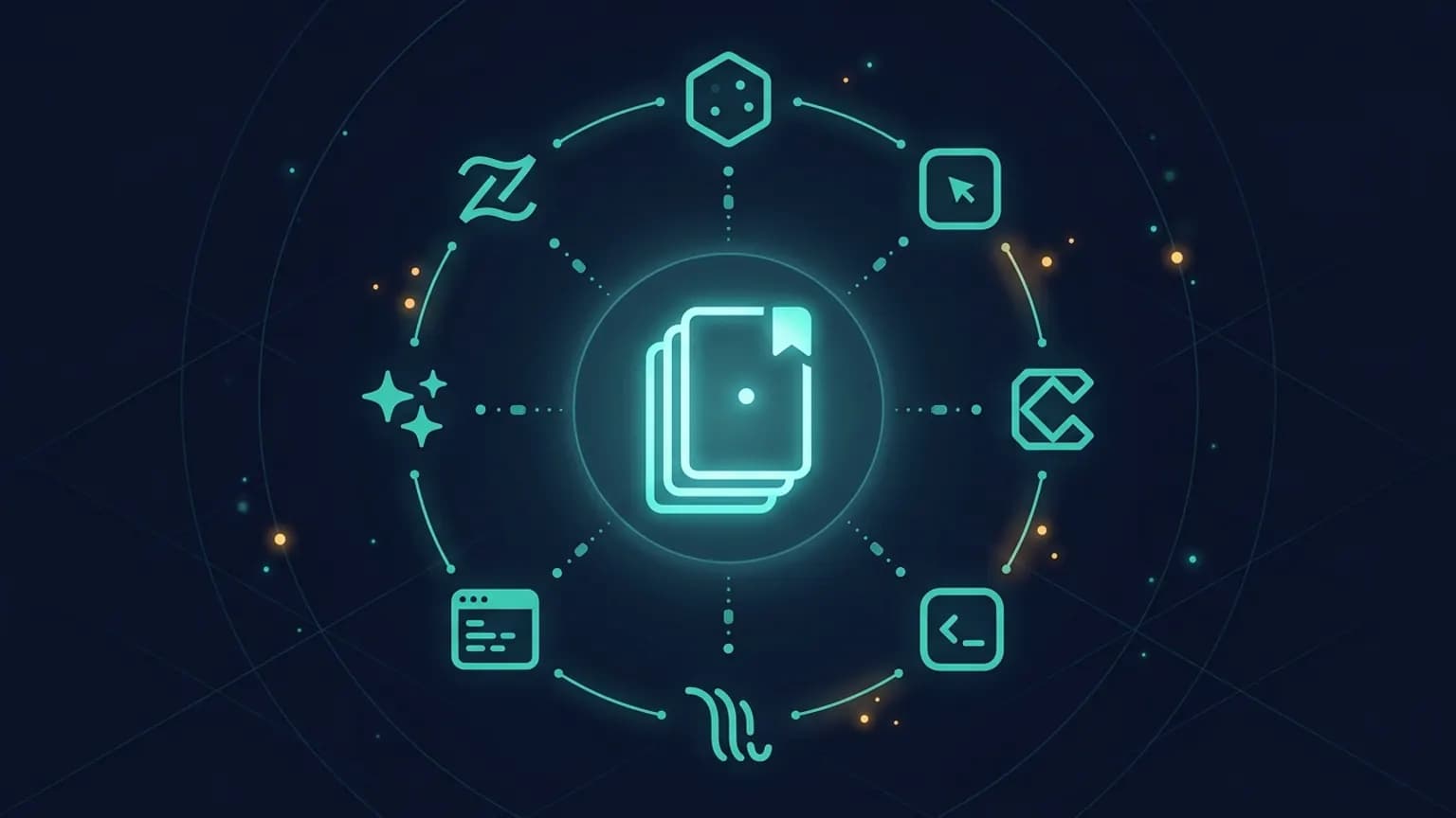 Editorial illustration: a central luminous teal Context7 doc-card glyph at the geometric center — a stacked-paper outline with a small version-tag badge — surrounded by an orbital ring of smaller MCP-client glyphs (Claude, Cursor, Codex, VS Code, Windsurf, OpenCode TUI, Gemini, Zed) connected by softly glowing query-line arcs on a midnight navy backdrop.