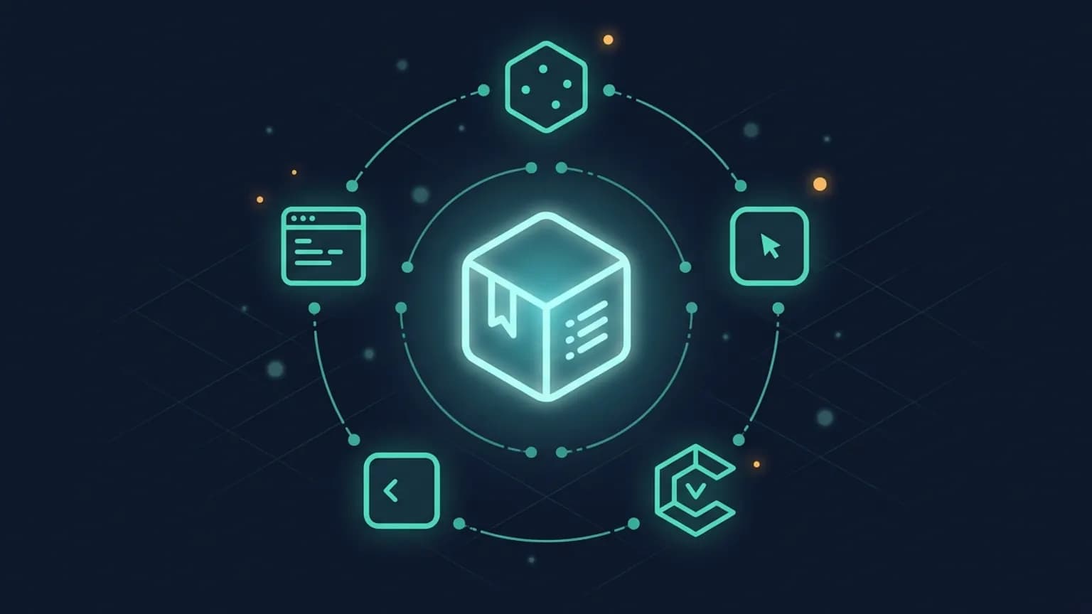 Editorial illustration: a central luminous teal DeepWiki book-cube glyph at the center (a rounded-cube outline with three small inner page-line stacks suggesting an indexed repo) surrounded by an orbital ring of smaller MCP-client glyphs (Claude, Cursor, Codex CLI, Claude Code, OpenCode TUI) connected by softly glowing question-answer arcs on a midnight navy backdrop.