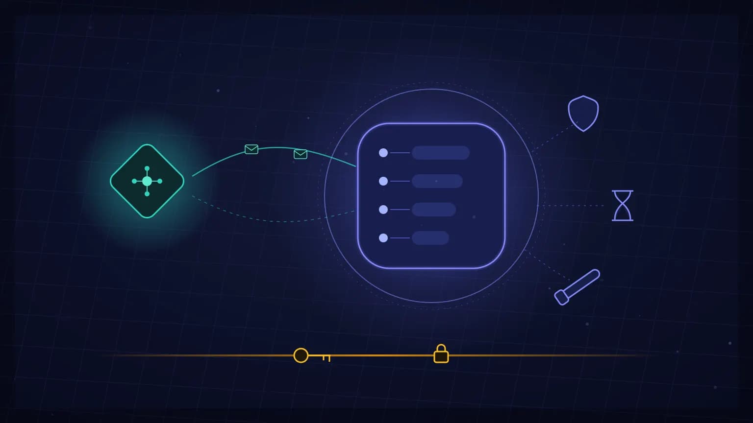 Editorial illustration: a large rounded community-server hub with an indigo glow and a sidebar rail of channel dots, connected by a teal arc to an AI agent glyph, orbited by a shield, an hourglass timer, and a moderation bar, with a glowing bot-token key lane below.