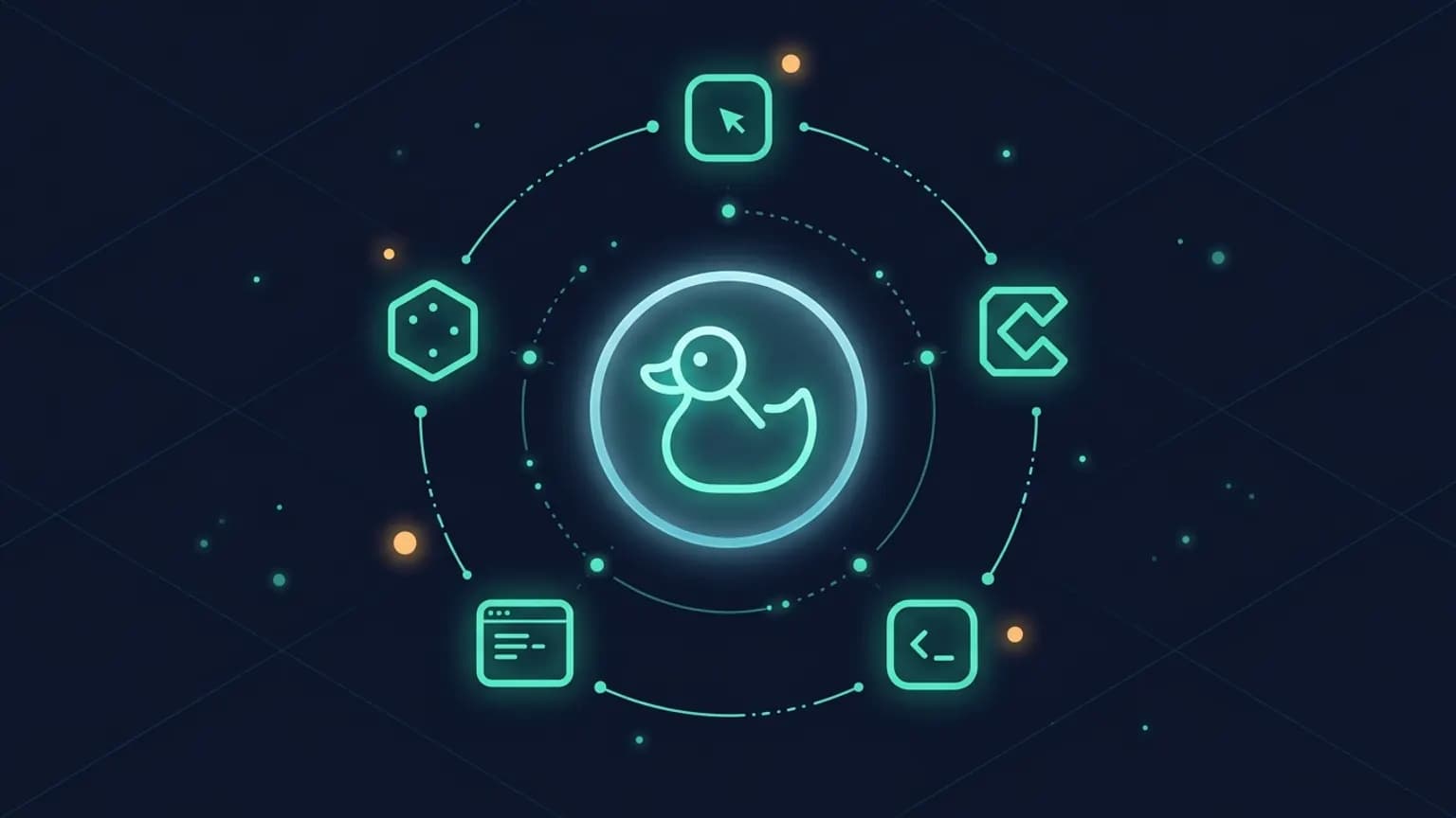 Editorial illustration: a central luminous teal DuckDuckGo magnifier-duck glyph at the center (a duck-silhouette outline with a small magnifying-loop ring) surrounded by an orbital ring of smaller MCP-client glyphs (Claude, Cursor, Codex, Claude Code, OpenCode TUI) connected by softly glowing search-result-line arcs on a midnight navy backdrop.