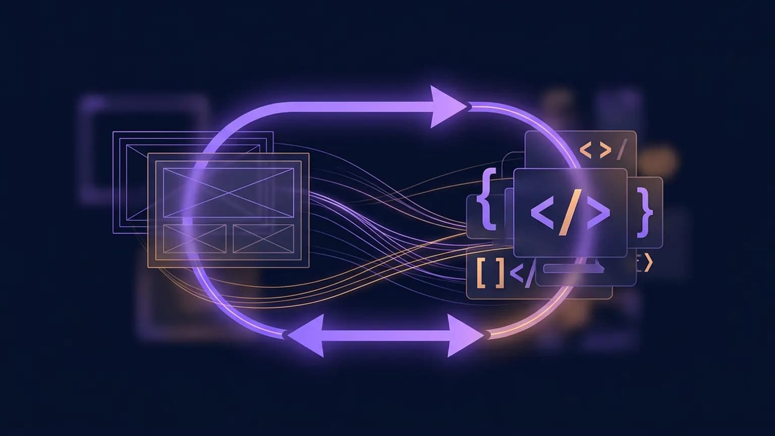 Editorial illustration: a luminous violet bidirectional arrow looping between an abstract grid of nested rectangular design frames on one side and stacked geometric code-bracket glyphs on the other, connected by a glowing woven thread, on a deep midnight backdrop.
