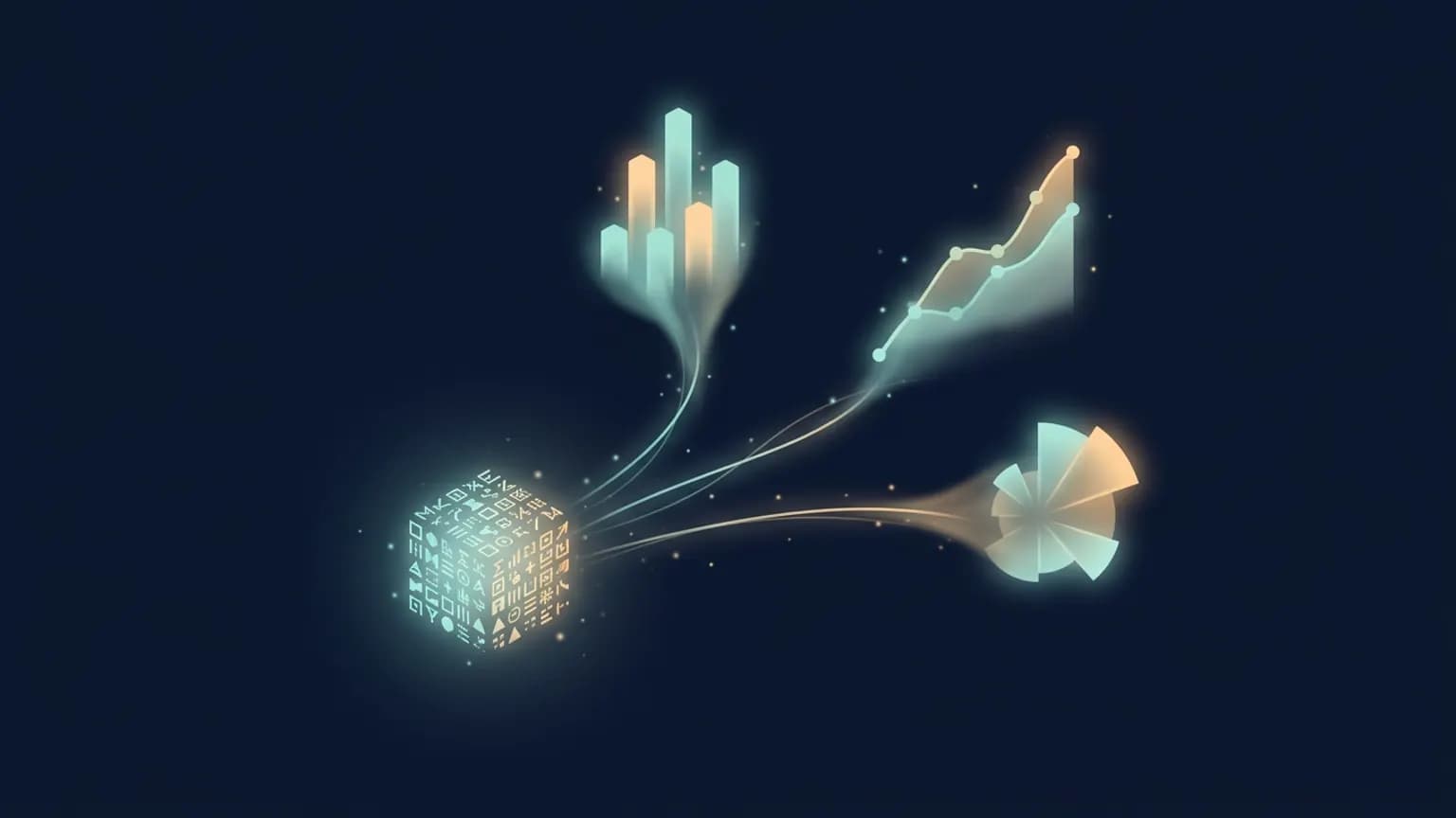 Editorial illustration: a compact glowing cube of geometric glyphs at the center, representing a chart specification, with three luminous light-trails flowing outward and blooming into a bar-chart form, a line-chart form, and a radial-chart form in teal and warm-amber light, on a deep midnight background.