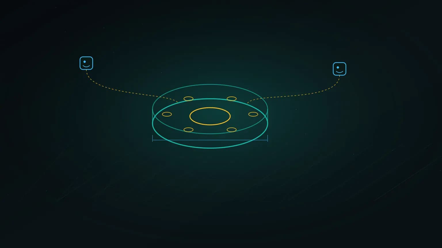 Editorial illustration: a luminous teal parametric flange wireframe with bolt holes materializing on an isometric CAD grid, surrounded by small orbiting AI-agent glyphs emitting soft amber construction lines onto a midnight navy backdrop.