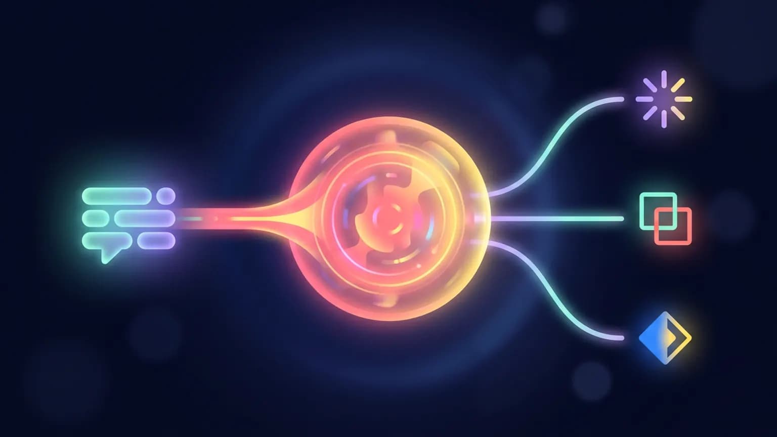 Abstract editorial illustration of a text prompt flowing into a glowing generative-image engine, with icon and resource glyphs branching out along luminous arcs on a deep midnight backdrop.