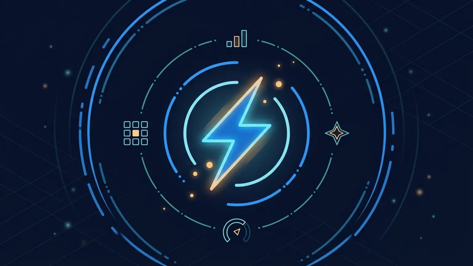 Editorial illustration: a luminous teal Gemini 3.5 Flash glyph at the center, depicted as a fast-shutter lightning bolt threaded through a four-pointed star, surrounded by orbital benchmark rings labeled Terminal-Bench, GDPval-AA, MCP Atlas, CharXiv against a midnight navy backdrop with faint TPU lattice patterning.