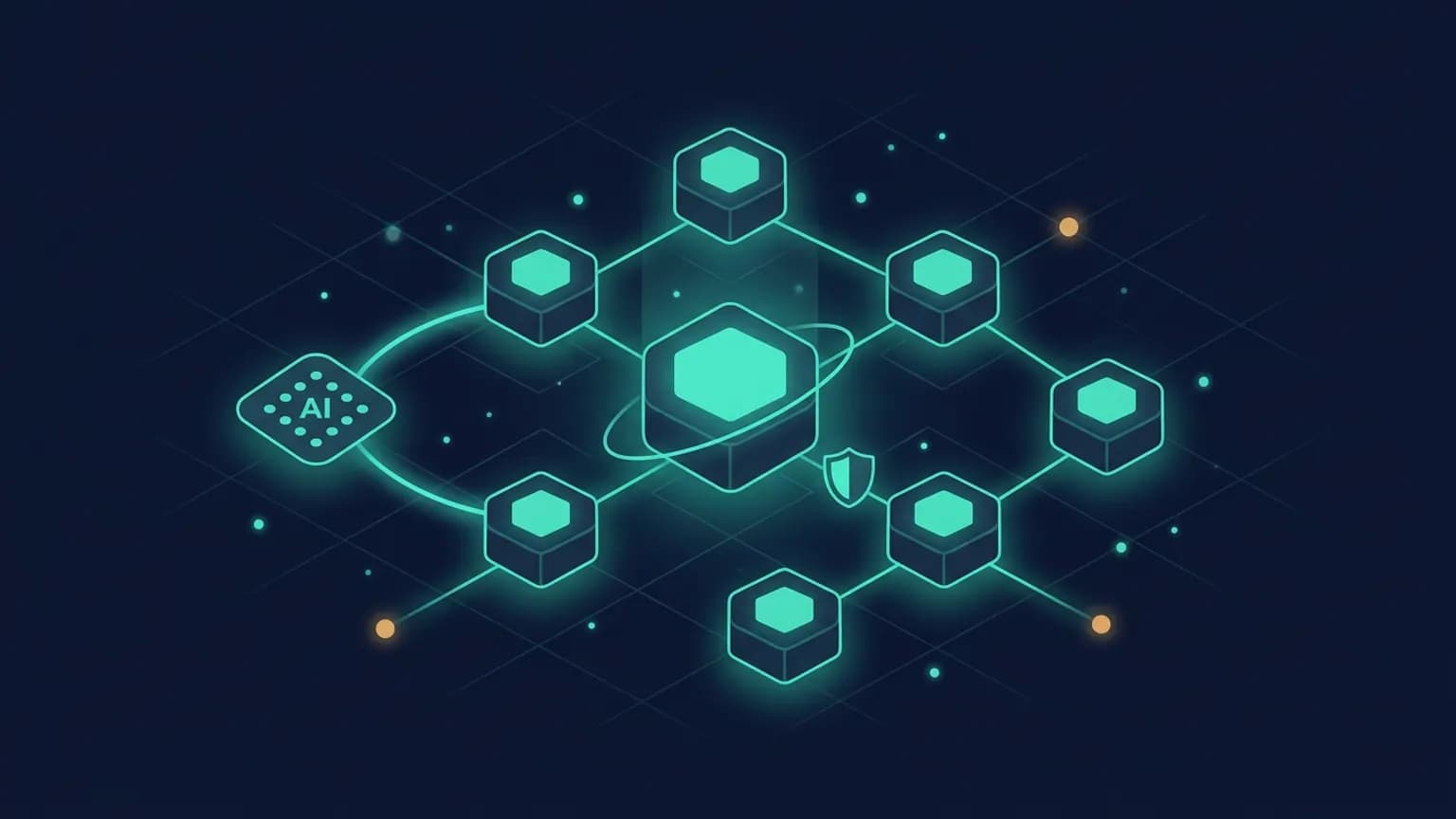 Editorial illustration: a central luminous teal hexagonal cluster glyph — a stylized Kubernetes wheel outline — at the geometric center, ringed by smaller orbiting node and pod glyphs connected by softly glowing control-line arcs, with one amber shield glyph guarding a write-path arc, on a deep midnight navy backdrop.