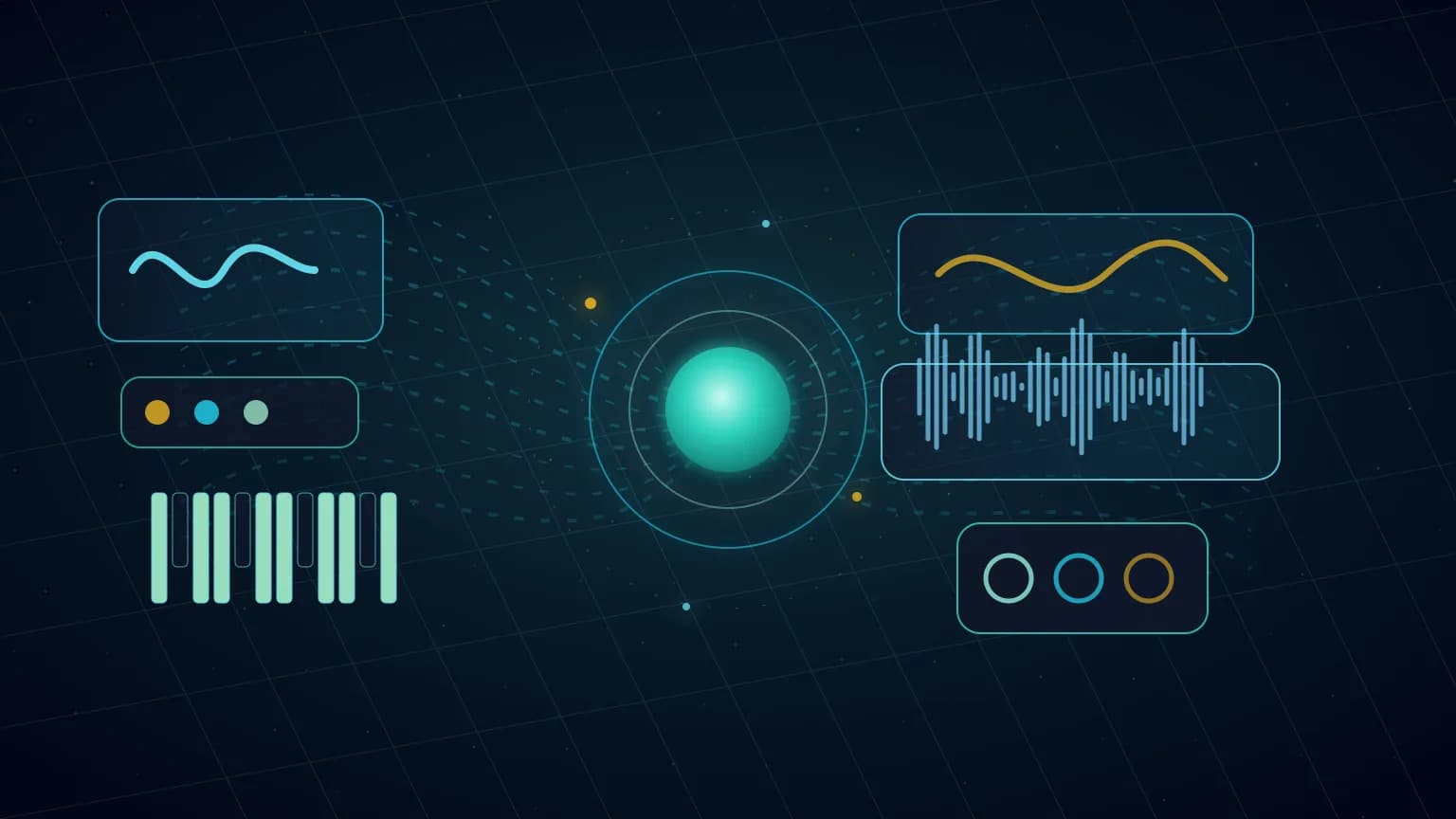 Abstract live music model workflow with MIDI notes, waveform lanes, an audio engine core, and streaming output arcs.