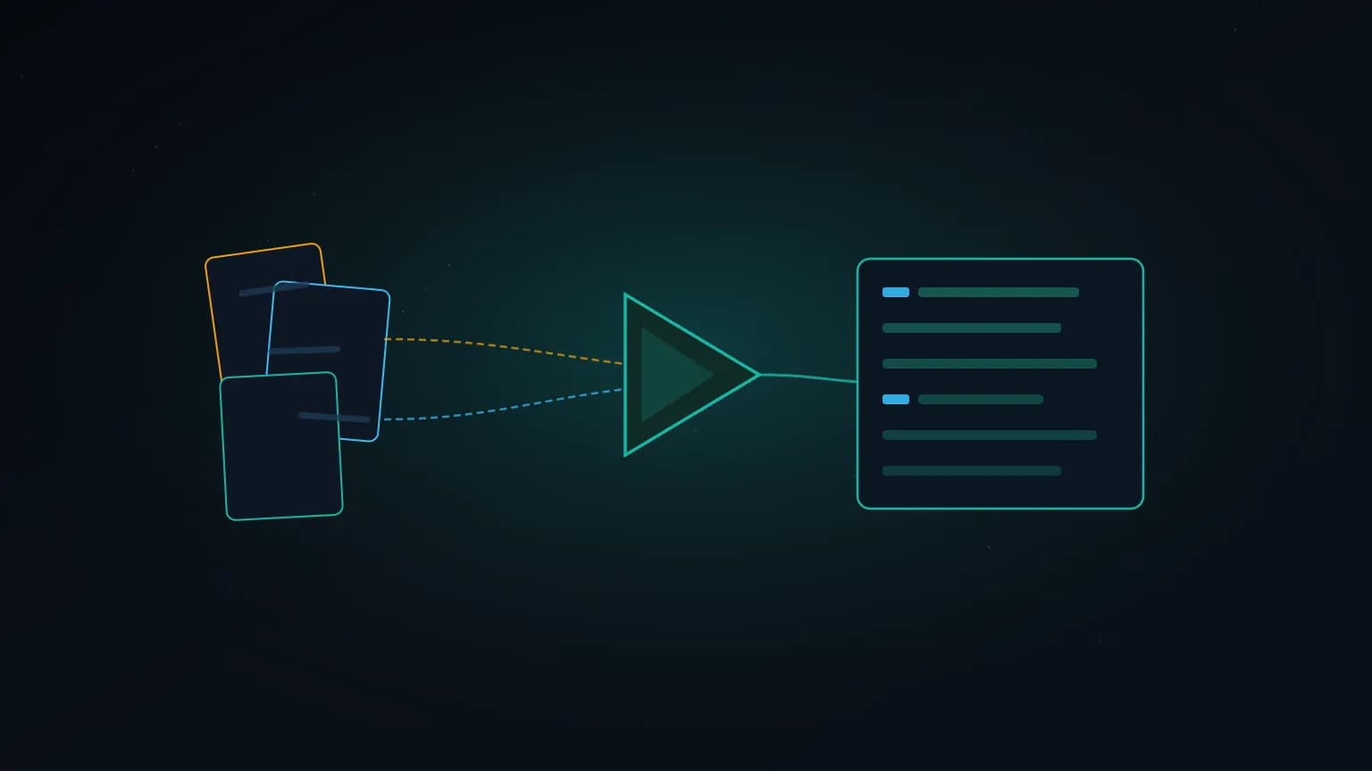 Editorial illustration: a stream of layered document glyphs — folded-corner page rectangles, slide frames, and spreadsheet grids — flowing into a luminous teal converter prism and emerging as clean horizontal markdown-line bars on a midnight navy backdrop.