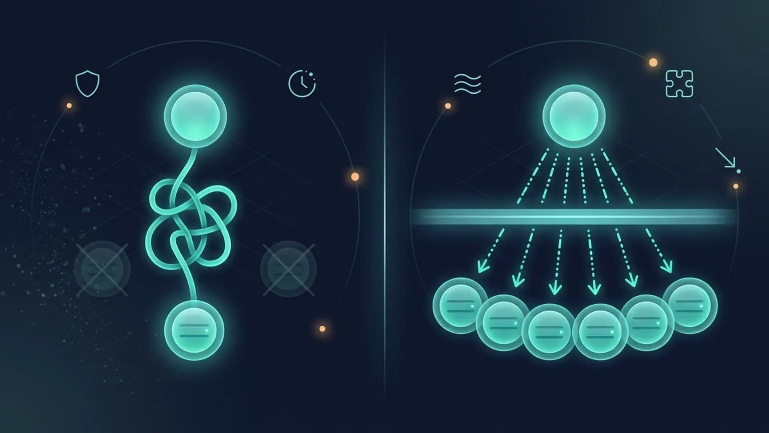Stateless MCP visualised: on the left, a single client orb tethered to a single server by a tangled glowing cord, fading out; on the right, the same client routing six identical parallel arrow-streams to a clean fan of six identical server replicas under a horizontal load-balancer beam.