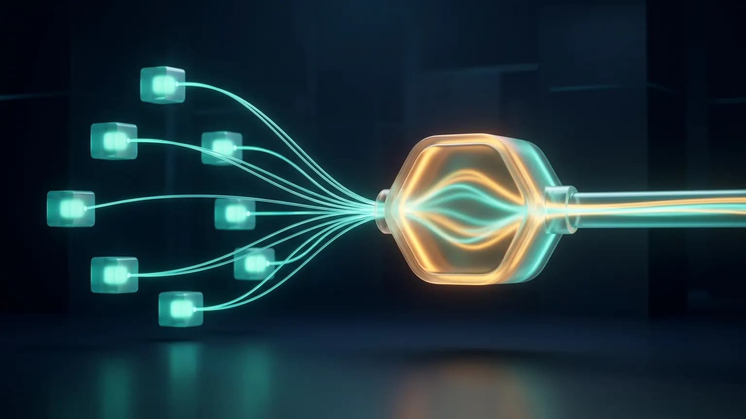 Several small server-node cubes converging through a single glowing central gateway hub into one unified output pipe, teal and warm amber light on a deep midnight-navy backdrop.