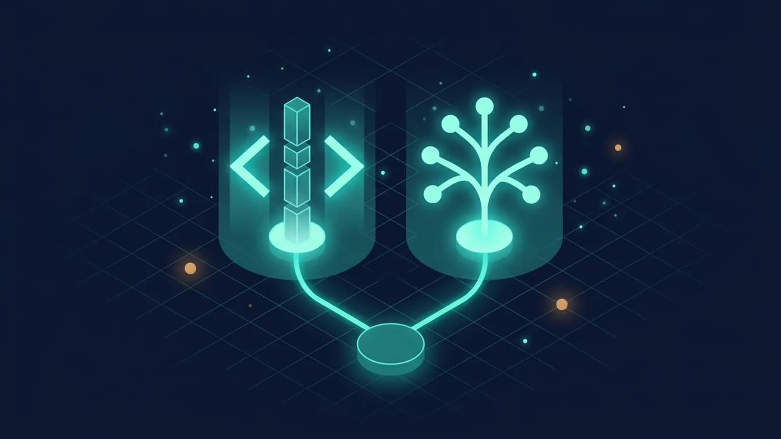 Editorial illustration: a teal Microsoft-blue circuit glyph shaped like a terminal cursor blinking inside a GitHub Copilot model-picker pane, flanked by two concentric rings labeled MAI-Code and MAI-Thinking, set against a deep slate backdrop with a faint hill-climbing gradient rising from lower-left to upper-right.