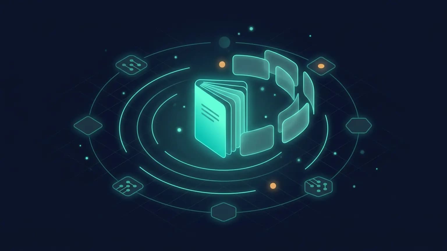 Editorial illustration: a central luminous teal notebook glyph at the geometric center, its pages fanning into softly glowing citation cards, linked by curved query-line arcs to a small orbital ring of generic AI-client glyphs on a deep midnight navy backdrop.
