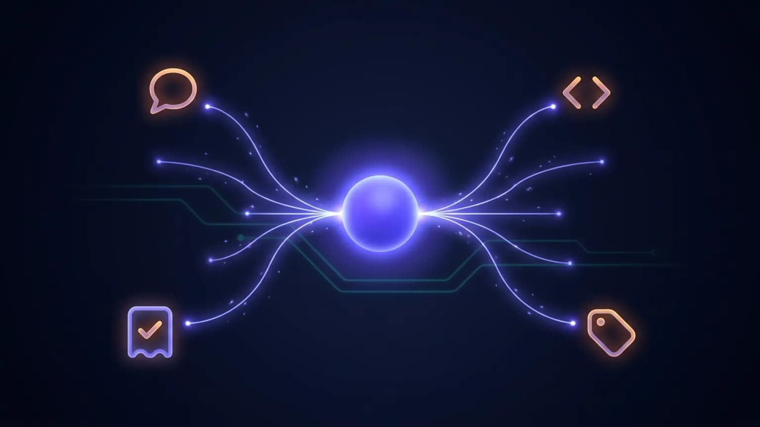 Editorial illustration: a small luminous violet-blue orb glowing at the center of a dark scene, thin governed light-trails branching outward to small abstract glyphs suggesting a chat bubble, a code bracket, a tag shape, and a checkmark inside a receipt outline, connected by a faint circuit-like routing line, on a deep midnight backdrop.