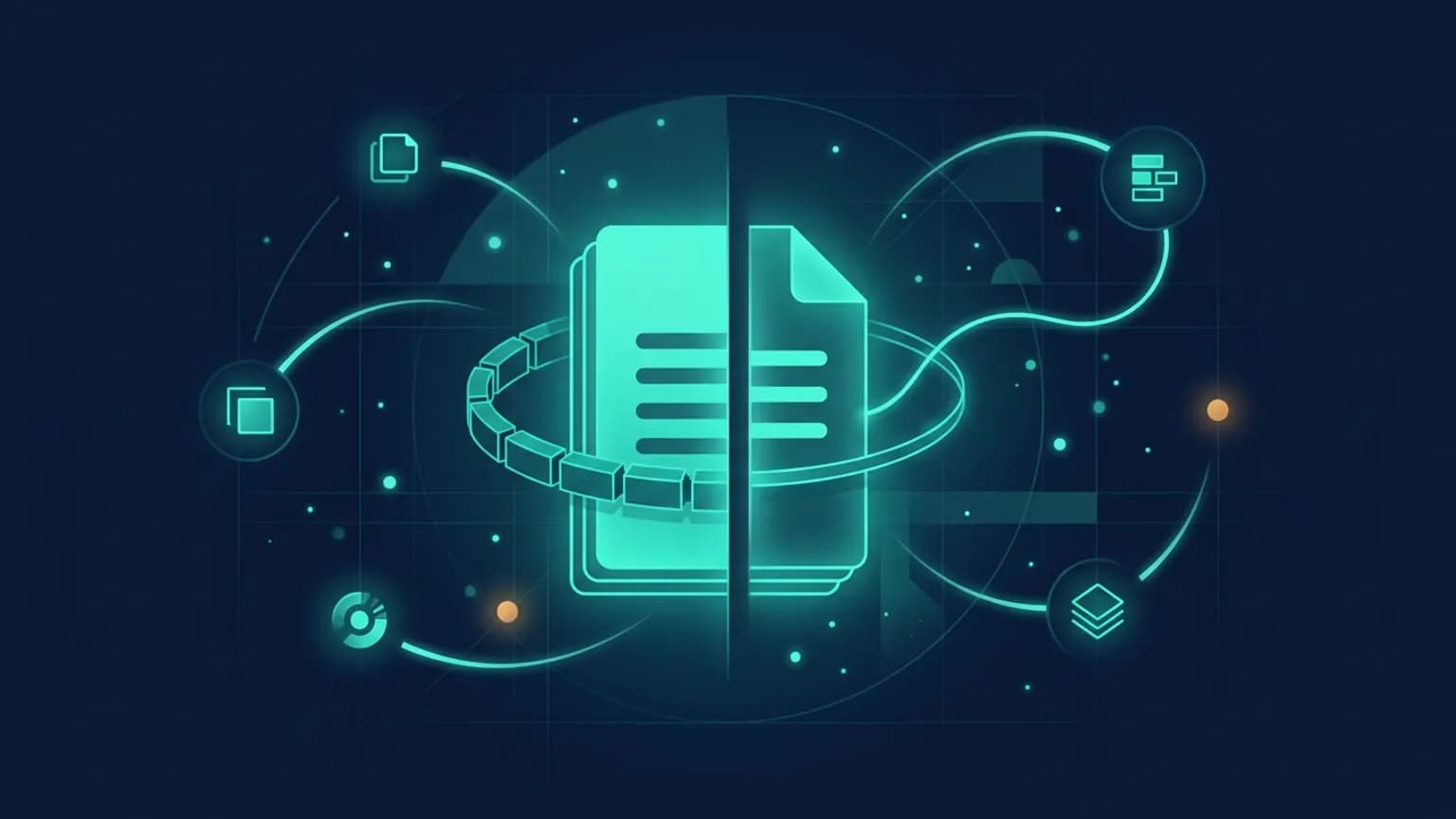 Editorial illustration: a central luminous teal document-stack glyph representing an Outline knowledge base at the geometric center, split by a soft vertical seam into two halves — one half wrapped in an orbital OAuth-lock ring, the other linked by a glowing API-key thread — surrounded by smaller orbiting MCP-client glyphs connected by softly glowing query arcs on a deep midnight navy backdrop.