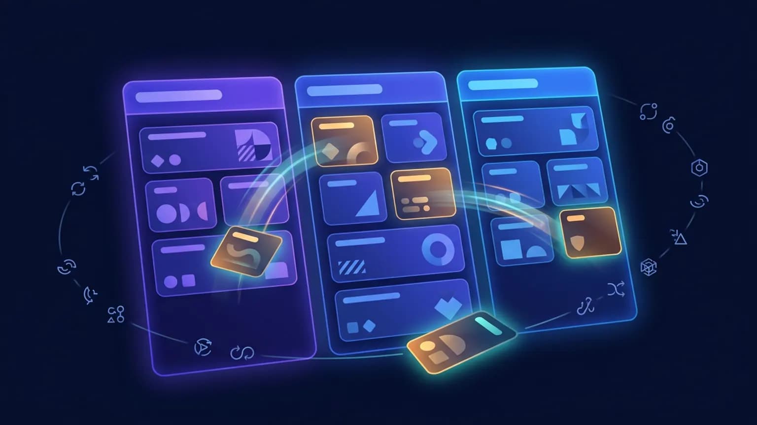 Editorial illustration: a luminous kanban board glyph — three softly glowing columns of rounded work-item cards — at the center, with cards drifting between columns along curved motion arcs, orbited by a ring of small cycle and sprint loop glyphs, on a deep midnight navy backdrop with warm amber and vibrant indigo accents.