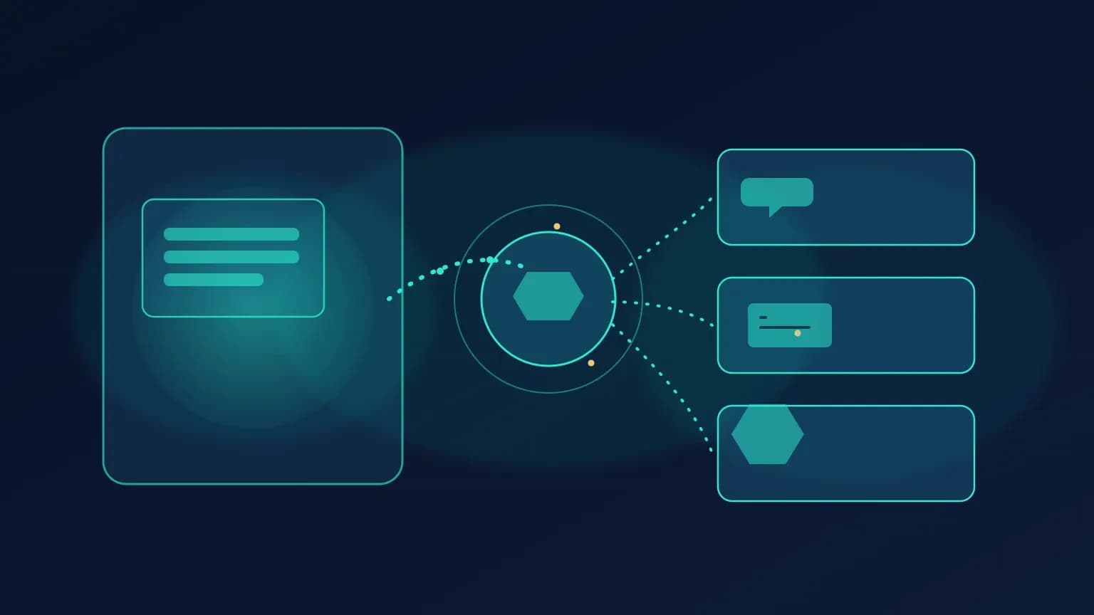 Abstract editorial illustration showing an AI chat client connected to a media generation pipeline for image and video creation.