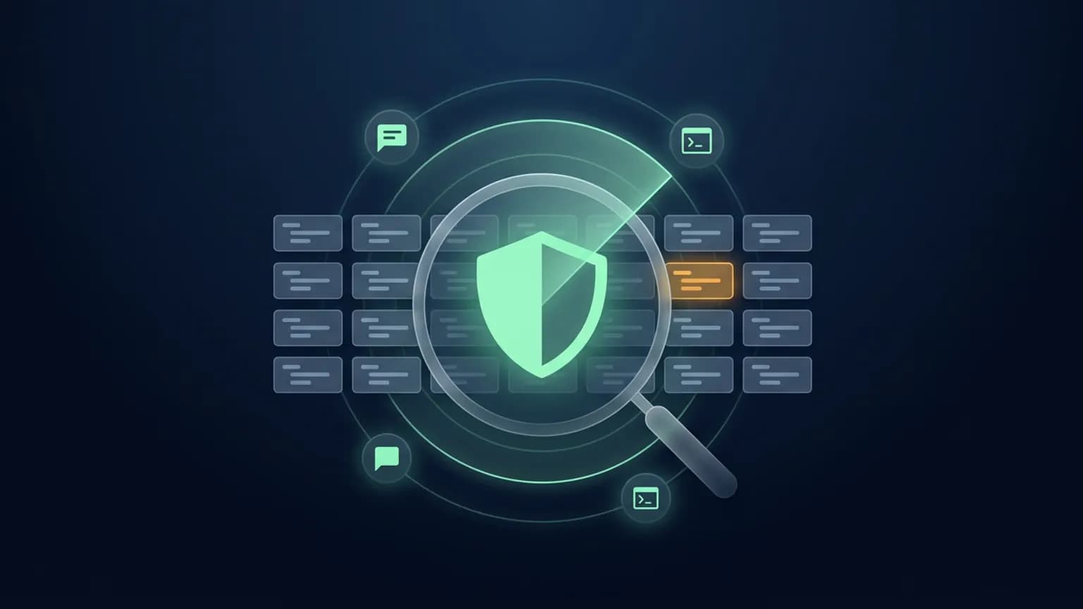 Editorial illustration: a luminous mint-green shield glyph at the center overlaid with a magnifier sweeping across a grid of abstract code-block shapes, one block pulsing warm amber as a flagged finding, connected by softly glowing scan arcs to smaller chat-bubble and terminal glyphs on a deep midnight-navy backdrop.