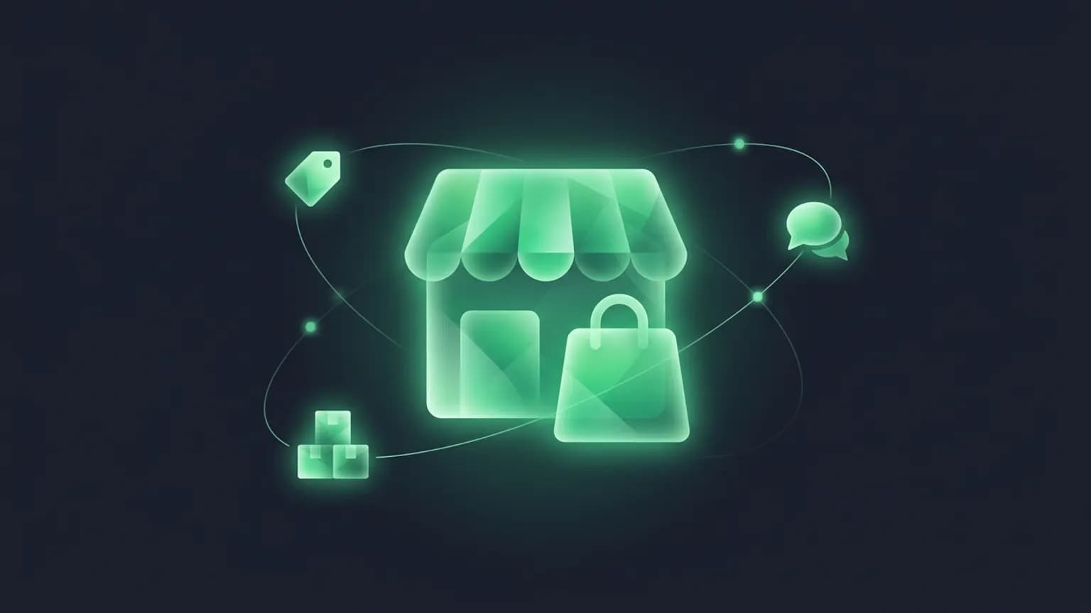 Editorial illustration: a glowing emerald-green abstract storefront and shopping-bag glyph at the center, with smaller price-tag, stacked-inventory-box, and chat-bubble glyphs orbiting on soft curved connecting lines, on a deep charcoal-navy background.