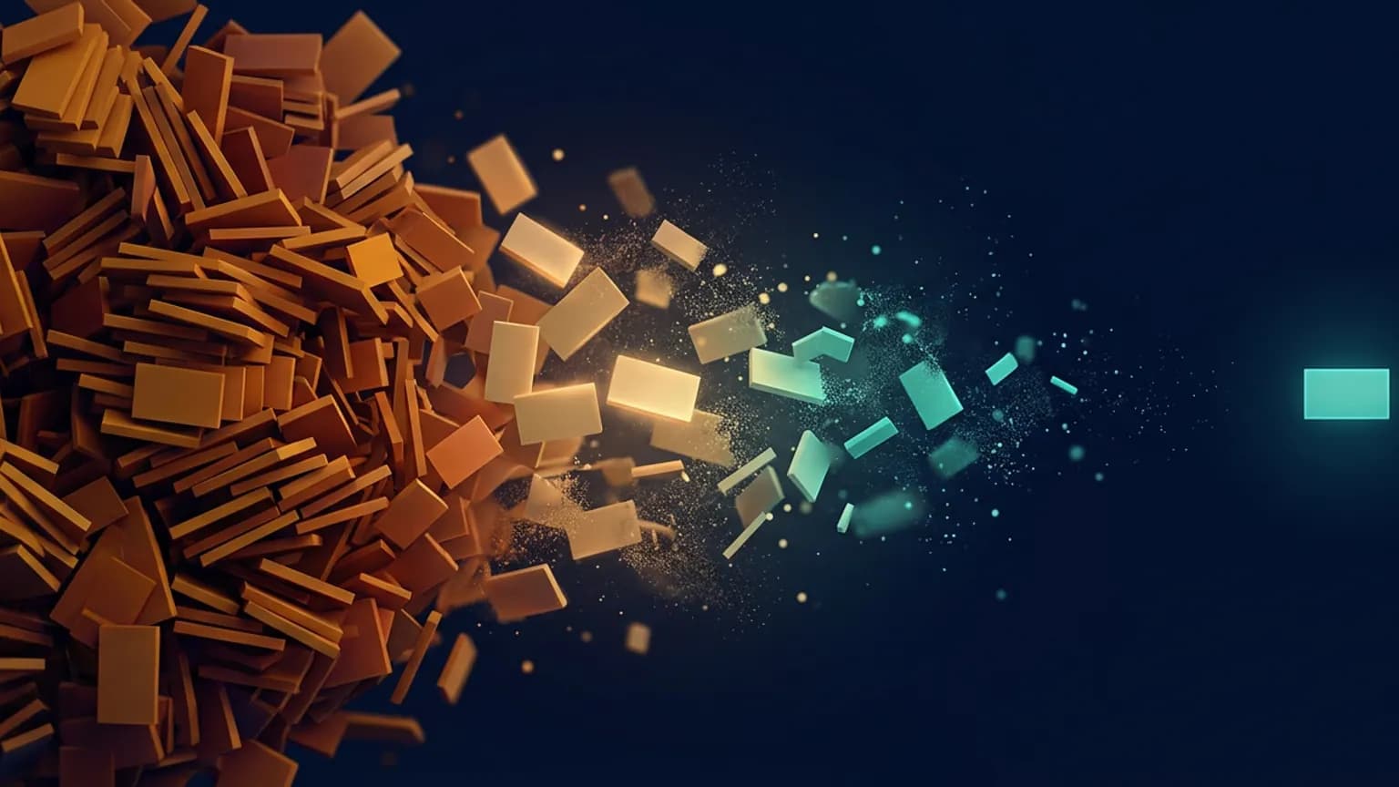 Editorial illustration: on the left, a large tangled sprawling mass of stacked code-block shapes in warm amber, being distilled and pruned rightward into a single small clean minimal block glowing teal, on a deep midnight-navy background.