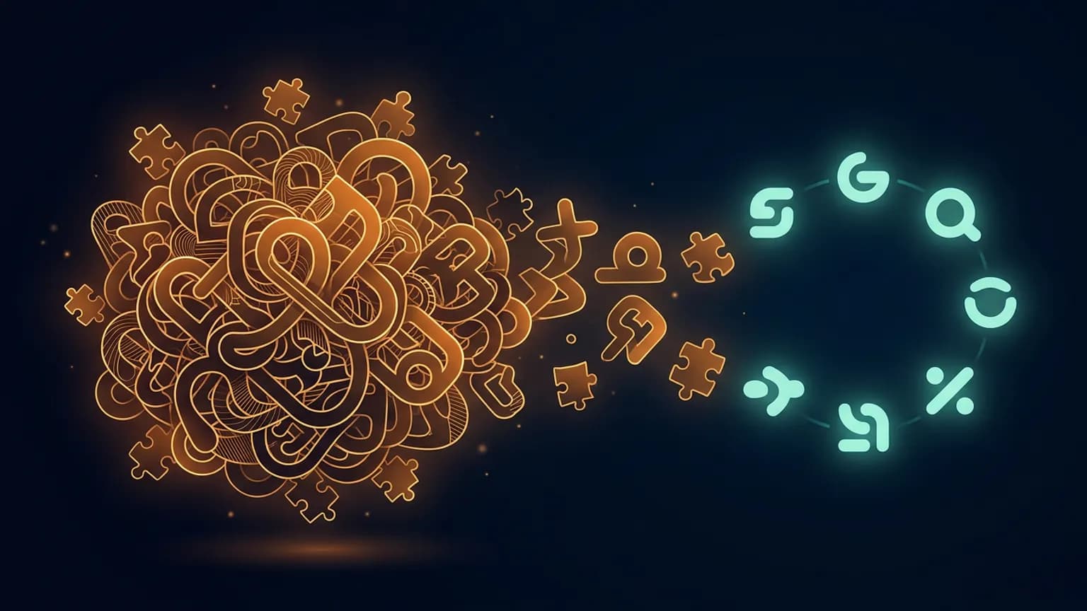 Editorial illustration: a dense tangled knot of interlocking abstract glyph shapes in warm amber at center-left, unraveling and spacing outward into a few clean, softly glowing teal glyphs arranged along a calm arc on the right, on a deep midnight-navy background.