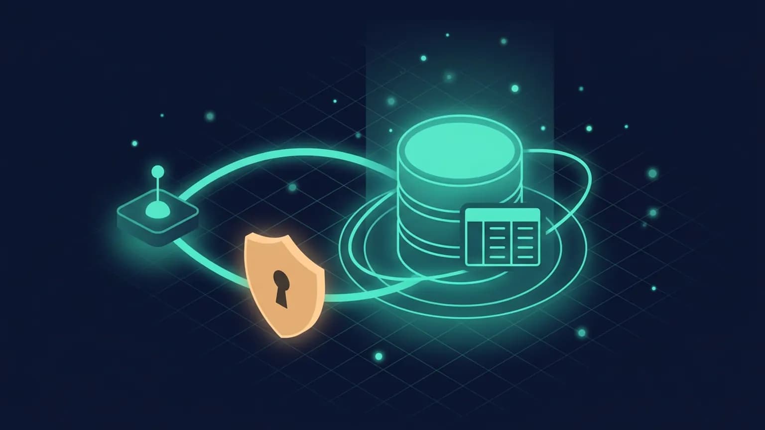 Editorial illustration: a central luminous emerald database-cylinder glyph at the geometric center, ringed by an orbital arc of smaller AI-agent and IDE glyphs connected by glowing query-line arcs; a thin amber shield outline overlays one arc to suggest a guarded read-only boundary, all on a deep midnight backdrop.