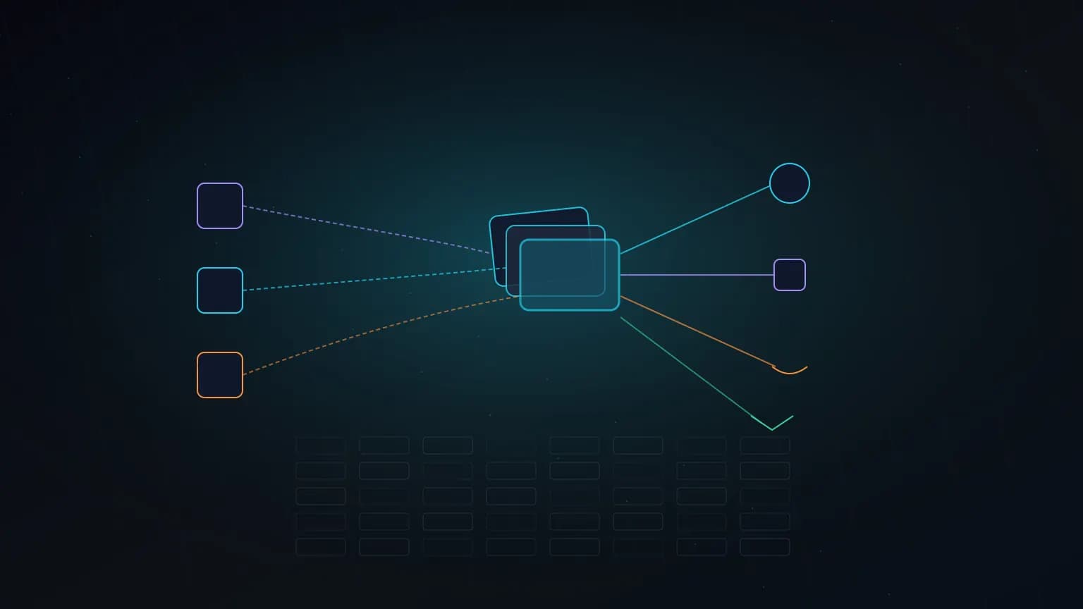 Abstract editorial illustration: a central TanStack-style layered hub connecting MCP server nodes on the left to multiple AI adapter rails on the right, on a midnight navy background.