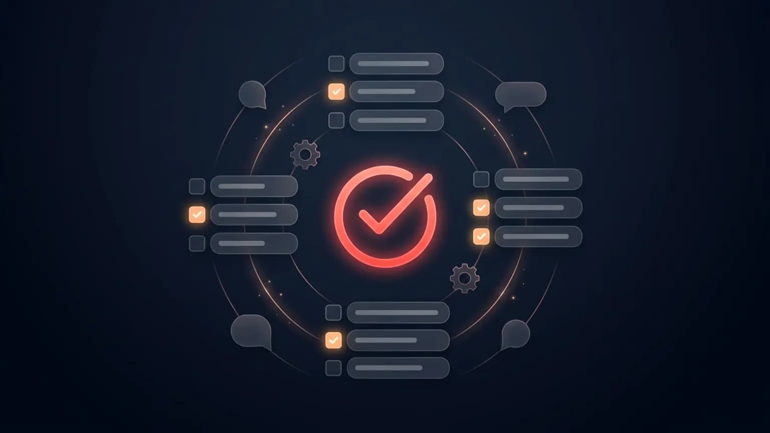 Editorial illustration: a luminous coral-red circular checkmark glyph at the center, softly glowing task-list rows and checkbox squares stacking outward along gentle arcs, with small automation-gear and chat-bubble glyphs orbiting on a deep midnight backdrop.