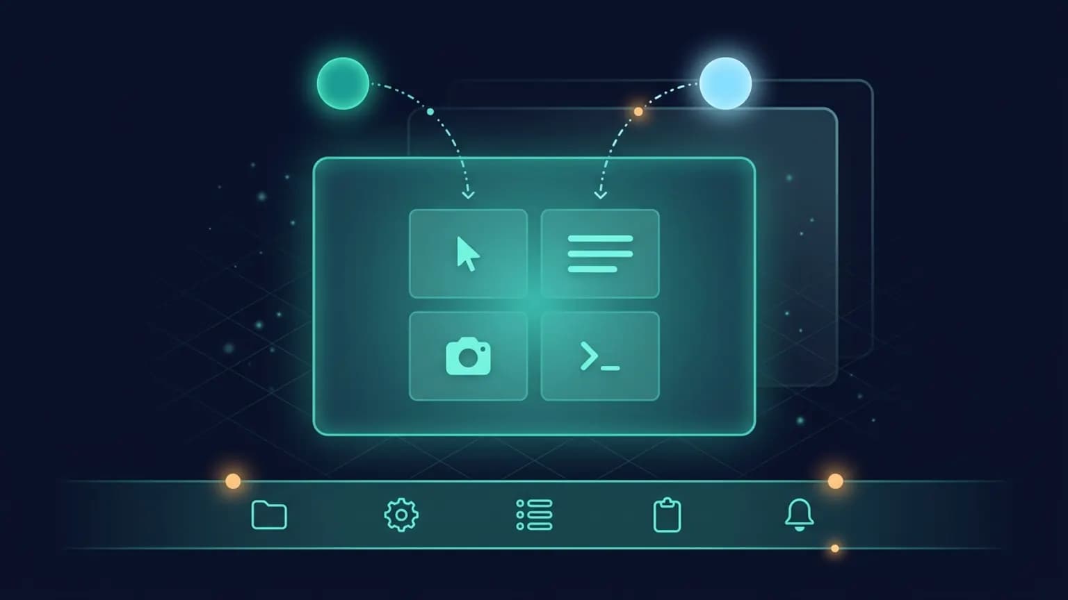 Editorial illustration: a translucent teal desktop-window glyph at the center with a 2x2 grid of cursor, text, screenshot and terminal-caret tiles inside, two AI client orbs sending dot-and-dash flow arcs into the top of the window, and a horizontal beam of folder/gear/list/clipboard/notification glyphs along the bottom — on a midnight navy background.
