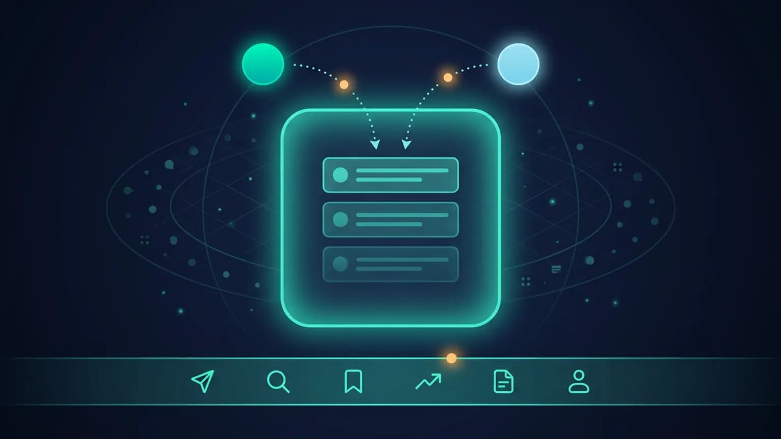 Editorial illustration: a luminous teal portal window holding three social-feed post rows, two AI-client orbs sending dotted flow arcs down into it, and a bottom beam of six capability glyphs — paper-plane, magnifier, bookmark, trend arrow, document, and user — on a midnight navy backdrop with a faint orbital ring of archive dots.