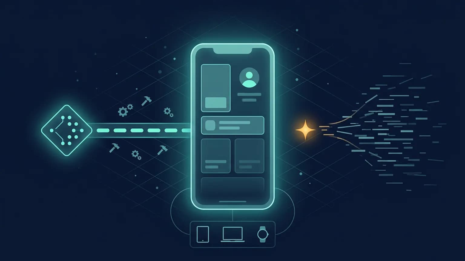 Editorial illustration: a luminous teal smartphone-simulator outline at center running an abstract app window, fed by a glowing build-pipeline rail from an AI agent node on the left, while noisy log fragments on the right condense into a single highlighted error spark, on a midnight navy backdrop.