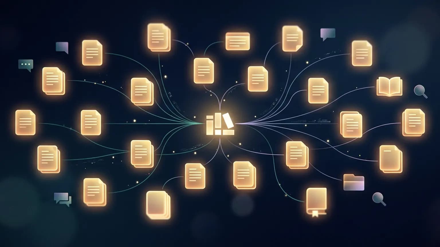 Editorial illustration: a glowing constellation of stacked-paper and index-card glyphs arranged as a radiating citation graph, linked by fine teal and violet threads to a bright central research-library node, with small chat-bubble and magnifier glyphs orbiting on a deep midnight-navy backdrop.