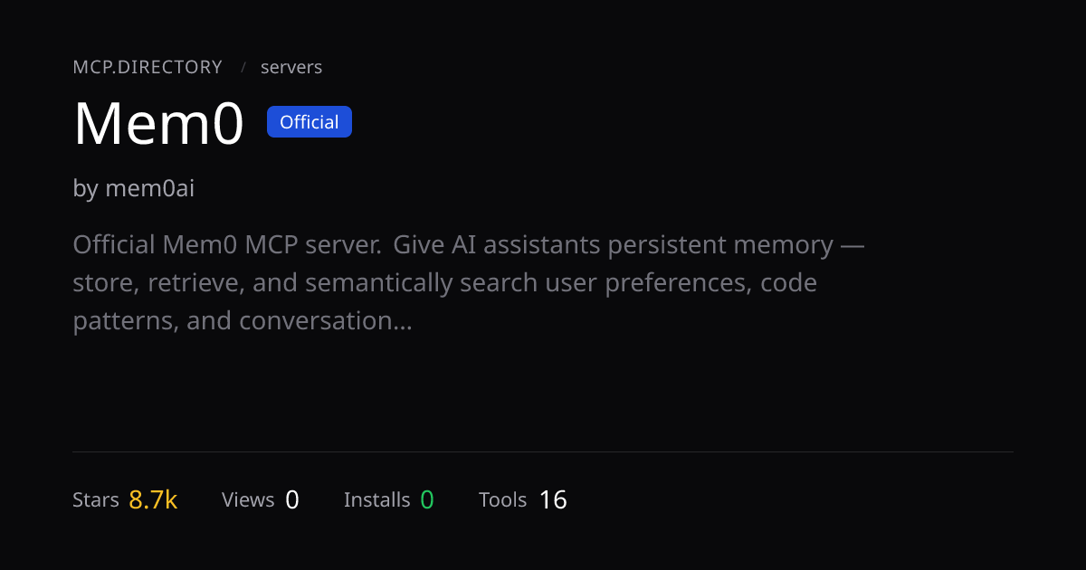 Mem0 MCP Server — Install & Setup — MCP.Directory